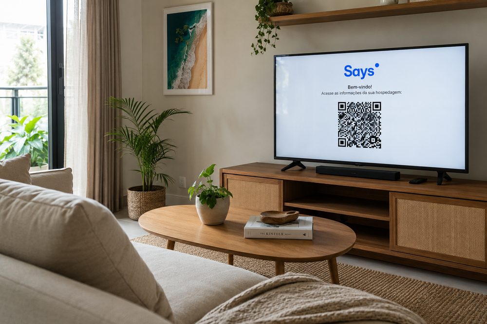 QR code do Says Host exibido na tela da TV da sala